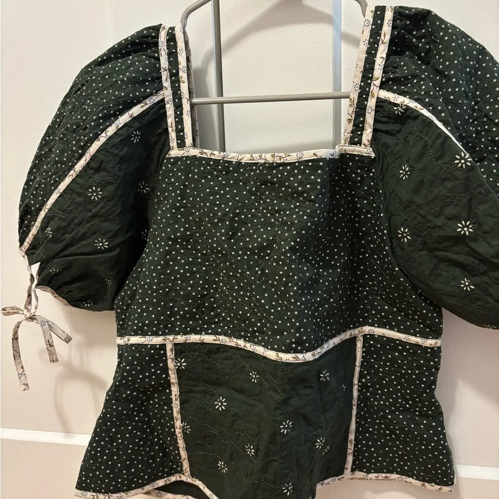 Madewell Dark Green Puff Sleeve Embroidered Peplum Blouse